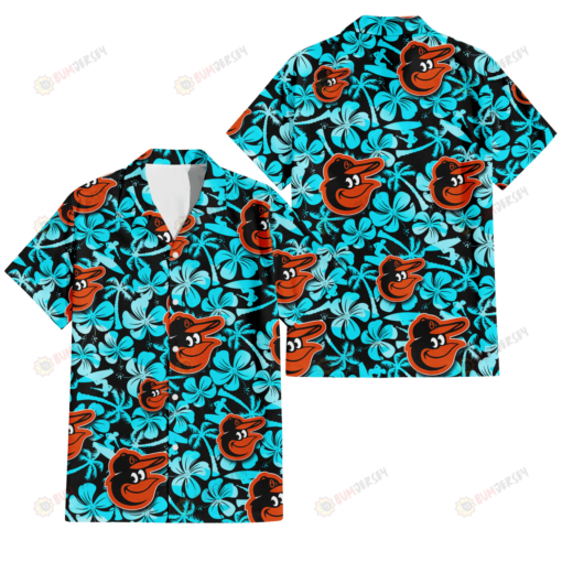 Baltimore Orioles Blue Hibiscus Blue Coconut Tree Black Background 3D Hawaiian Shirt