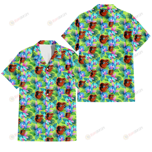 Baltimore Orioles Blue Orchid Green Pink Leaf Green Background 3D Hawaiian Shirt