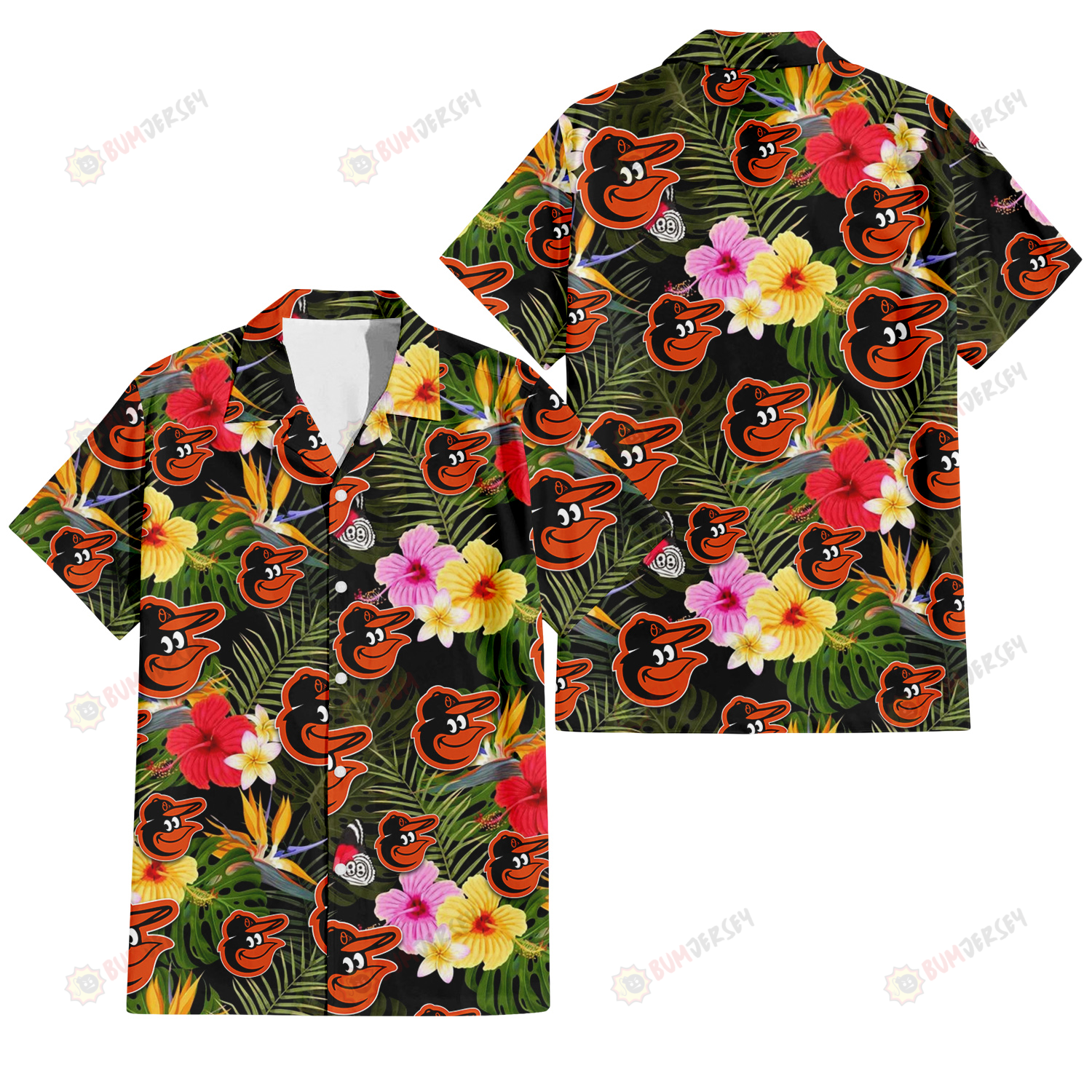 Baltimore Orioles Colorful Hibiscus Green Leaf Back Background 3D Hawaiian Shirt