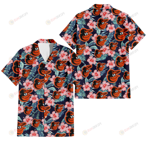 Baltimore Orioles Coral Hibiscus Green Banana Leaf Black Background 3D Hawaiian Shirt