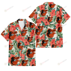 Baltimore Orioles Coral Hibiscus Green Leaf Beige Background 3D Hawaiian Shirt