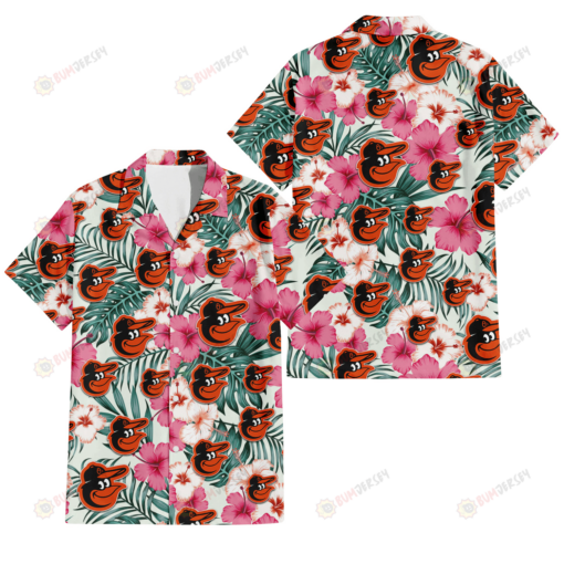 Baltimore Orioles Coral Pink Hibiscus Green Leaf Beige Background 3D Hawaiian Shirt