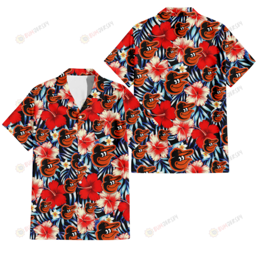 Baltimore Orioles Coral Red Hibiscus Blue Palm Leaf Black Background 3D Hawaiian Shirt