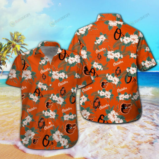 Baltimore Orioles Floral & Leaf Pattern Curved Hawaiian Shirt In Orange