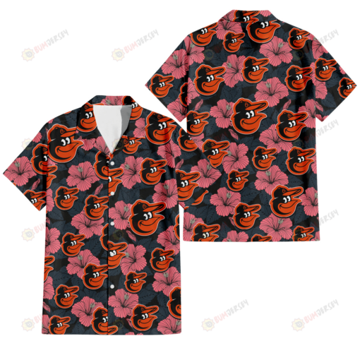 Baltimore Orioles Light Coral Hibiscus Gray Leaf Black Background 3D Hawaiian Shirt