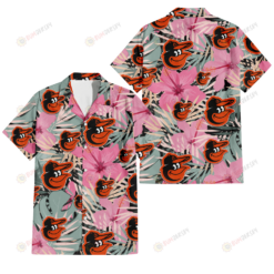 Baltimore Orioles Light Pink Hibiscus Pale Green Leaf Black Background 3D Hawaiian Shirt