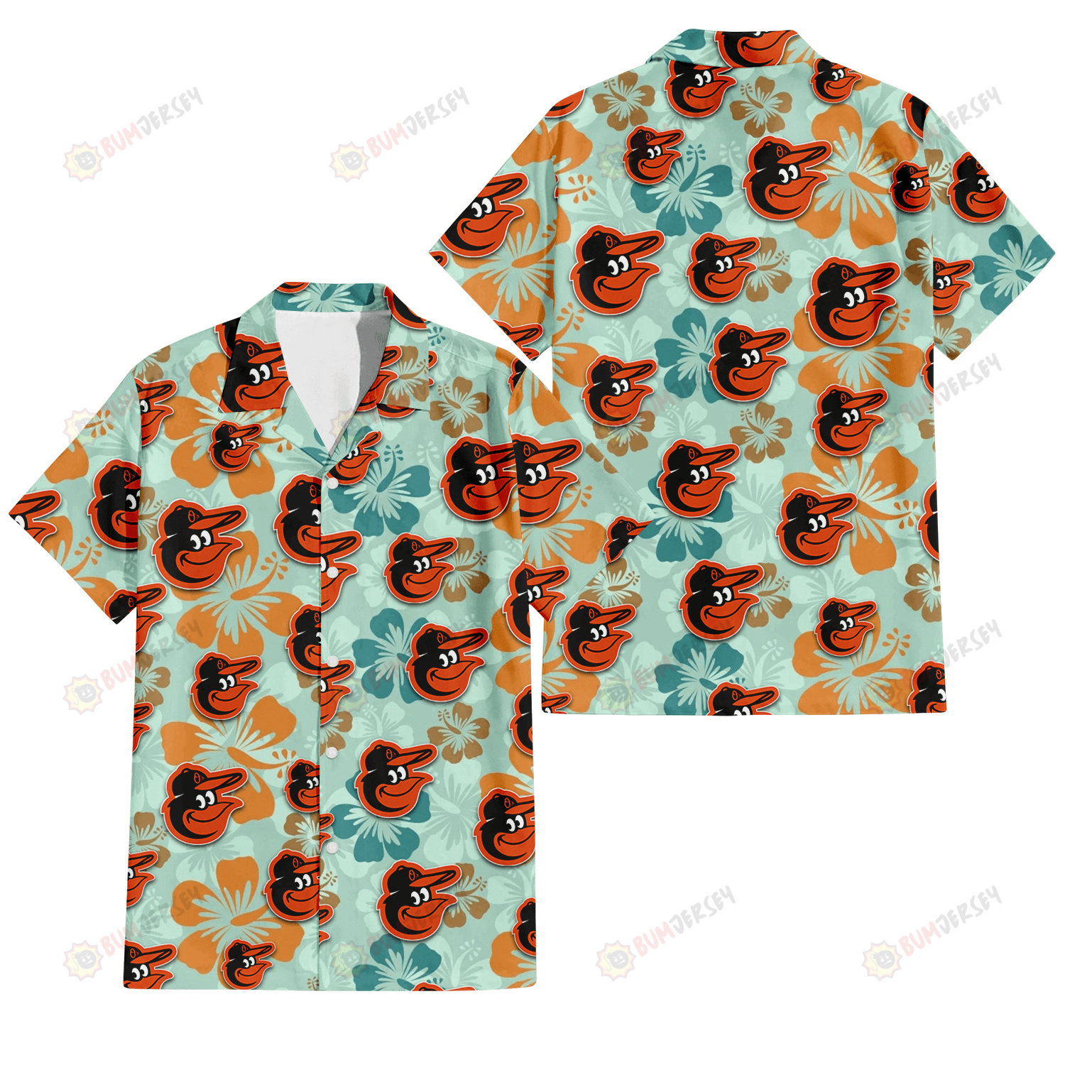 Baltimore Orioles Orange Green Hibiscus Pale Green Background 3D Hawaiian Shirt