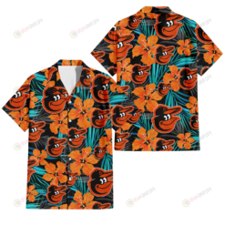 Baltimore Orioles Orange Hibiscus Blue Gray Leaf Black Background 3D Hawaiian Shirt