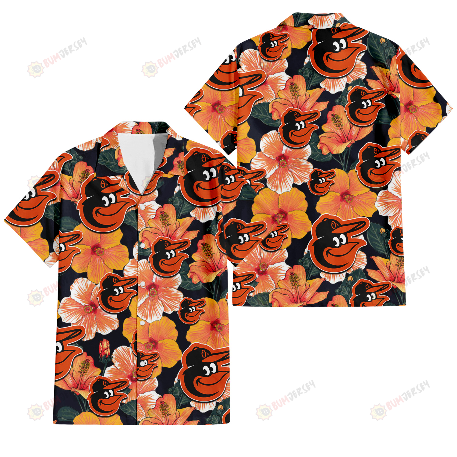 Baltimore Orioles Orange Hibiscus Dark Green Leaf Black Background 3D Hawaiian Shirt