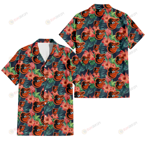 Baltimore Orioles Orange Hibiscus Green Tropical Leaf Dark Background 3D Hawaiian Shirt
