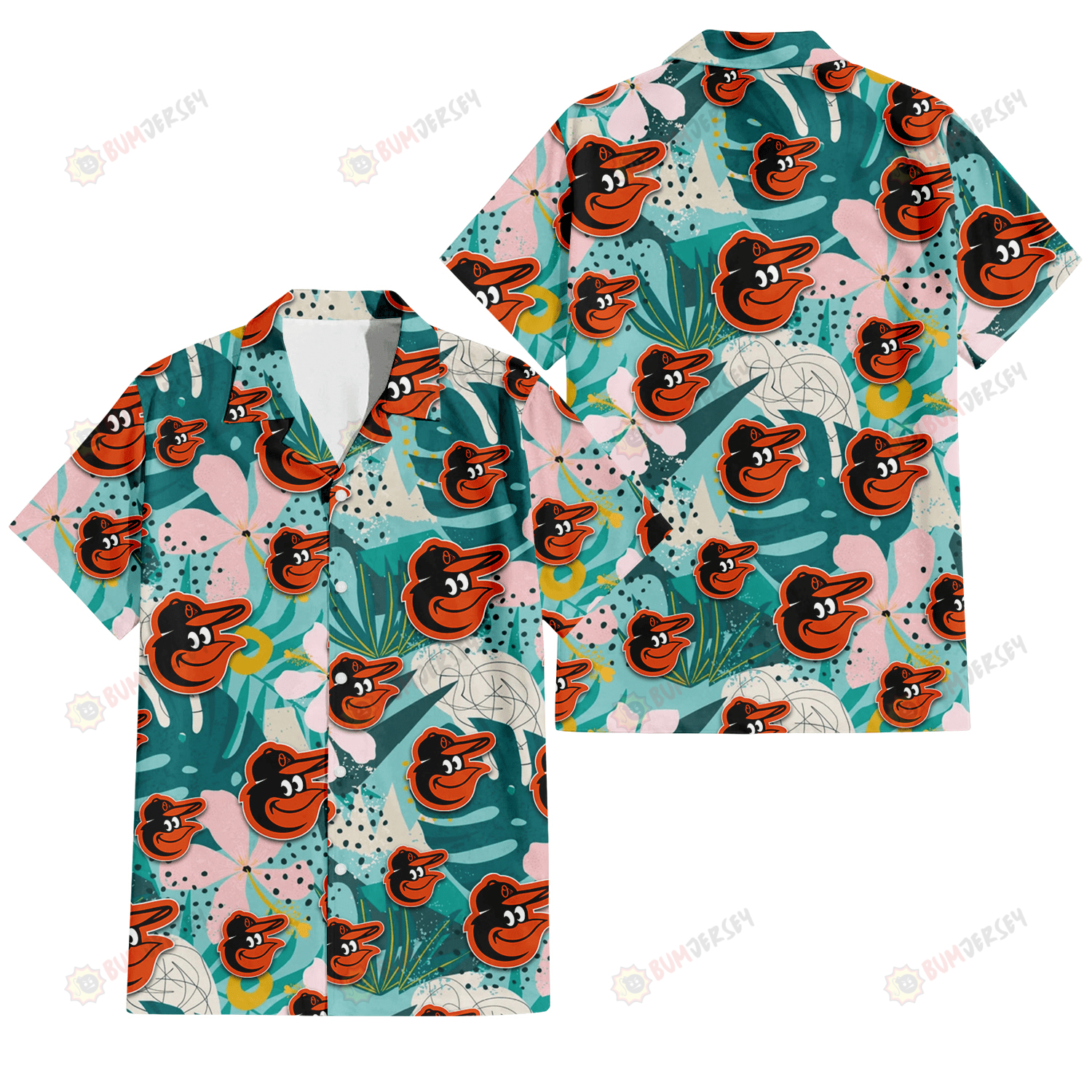 Baltimore Orioles Pastel Hibiscus Palm Leaf Tiny Dot Green Background 3D Hawaiian Shirt