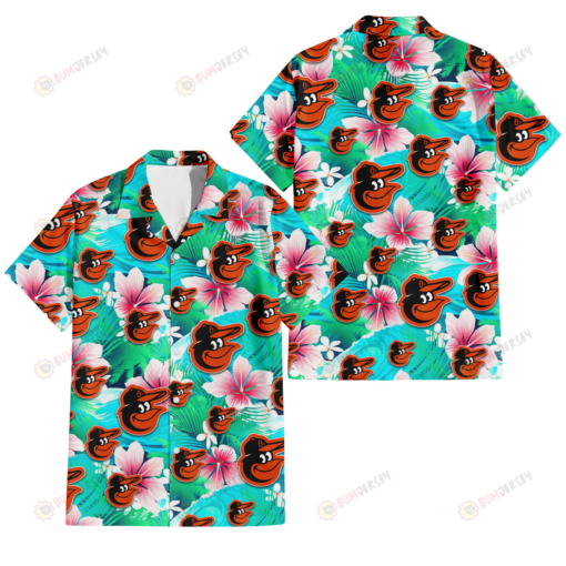 Baltimore Orioles Pink Hibiscus Green Leaf Blue Background 3D Hawaiian Shirt