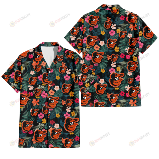 Baltimore Orioles Pink Yellow Orange Hibiscus Big Tropical Leaf Black Background 3D Hawaiian Shirt