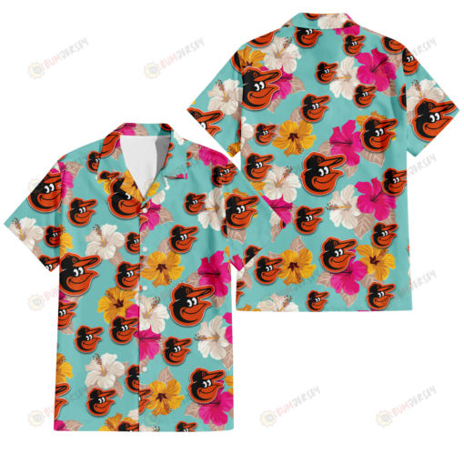 Baltimore Orioles Pink Yellow White Hibiscus Turquoise Background 3D Hawaiian Shirt