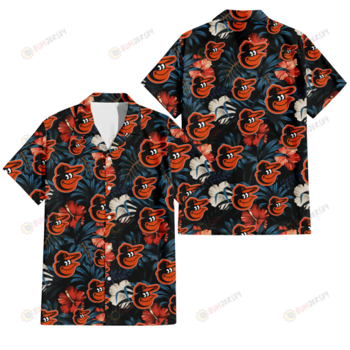 Baltimore Orioles Red And White Hibiscus Dark Leaf Black Background 3D Hawaiian Shirt