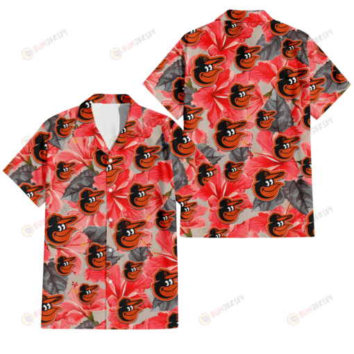 Baltimore Orioles Red Hibiscus Gray Leaf Beige Background 3D Hawaiian Shirt