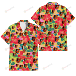 Baltimore Orioles Red Hibiscus Green Blue Leaf Yellow Background 3D Hawaiian Shirt