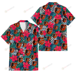 Baltimore Orioles Red Hibiscus Green Blue White Leaf Black Background 3D Hawaiian Shirt
