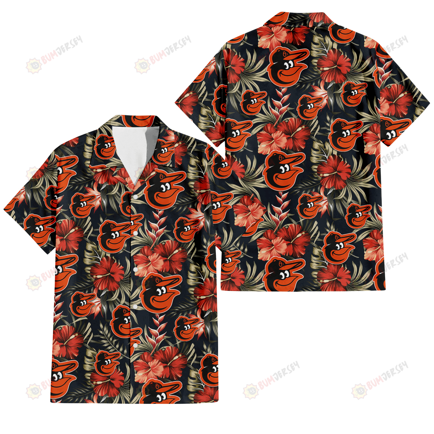 Baltimore Orioles Red Hibiscus Green Leaf Dark Background 3D Hawaiian Shirt