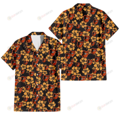 Baltimore Orioles Tiny Yellow Hibiscus Black Background 3D Hawaiian Shirt