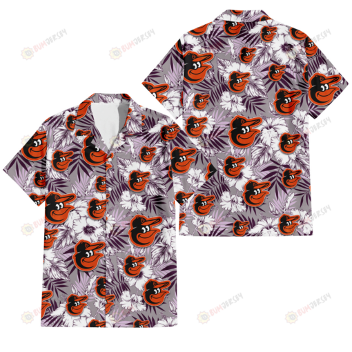 Baltimore Orioles White Hibiscus Violet Leaves Light Grey Background 3D Hawaiian Shirt