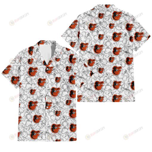 Baltimore Orioles White Sketch Hibiscus Pattern White Background 3D Hawaiian Shirt