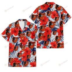 Baltimore Orioles White Tropical Leaf Red Hibiscus Navy Background 3D Hawaiian Shirt