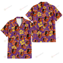 Baltimore Orioles Yellow And Orange Hibiscus Purple Background 3D Hawaiian Shirt