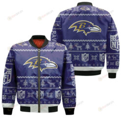 Baltimore Ravens Christmas Pattern Bomber Jacket - Navy Blue
