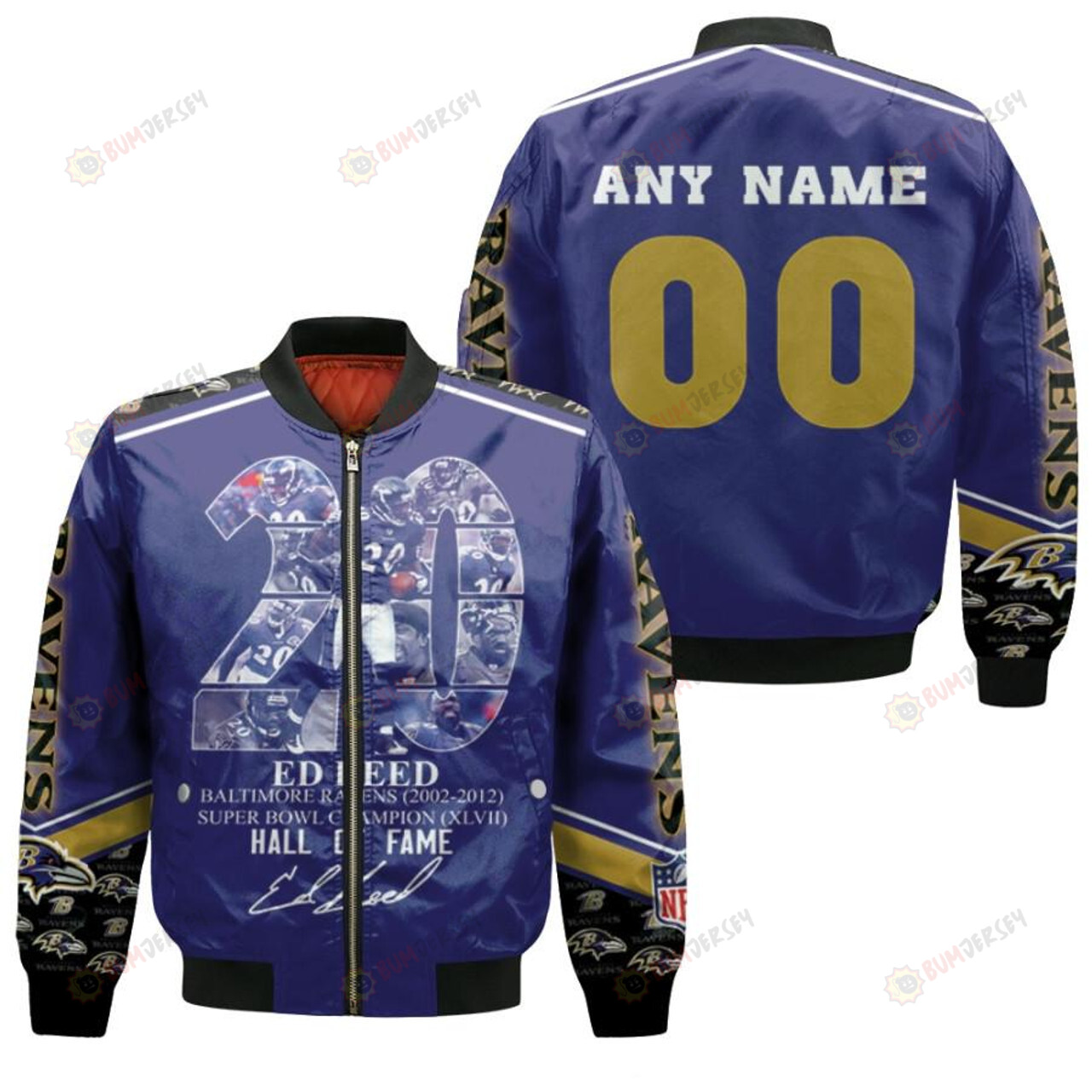 Baltimore Ravens Ed Reed With Custom Name Number Bomber Jacket - Blue