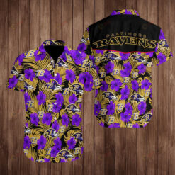 Baltimore Ravens Floral & Leaf Pattern Curved Hawaiian Shirt In Black & Purple