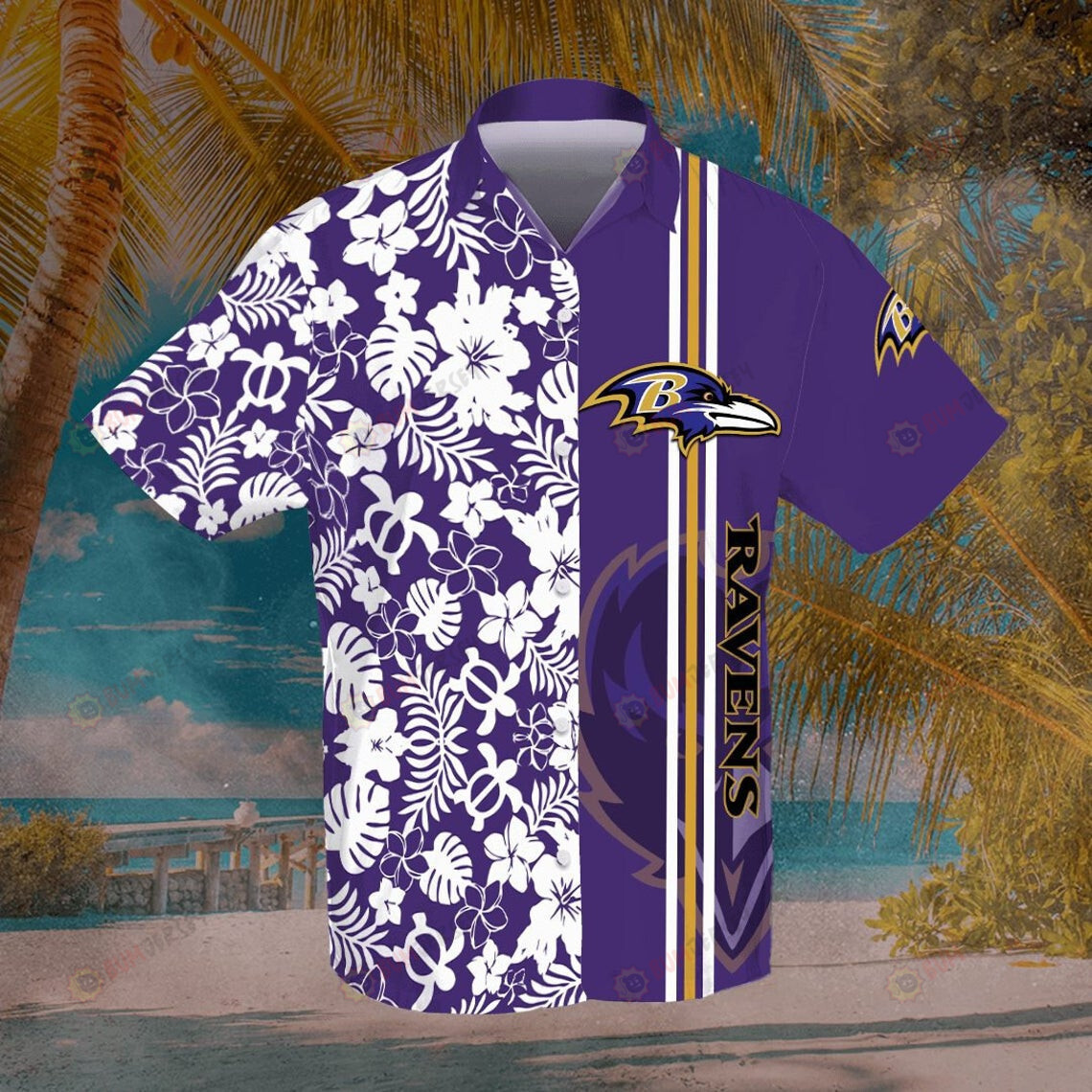 Baltimore Ravens Floral & Leaf Pattern Curved Hawaiian Shirt In Purple & White