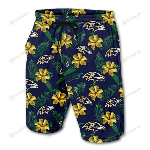 Baltimore Ravens Leaf & Floral Pattern Hawaiian Summer Shorts Men Shorts In Blue - Print Shorts