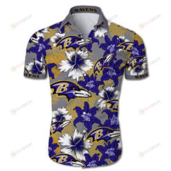Baltimore Ravens Leaf & Flower Pattern Curved Hawaiian Shirt In Blue & Grey