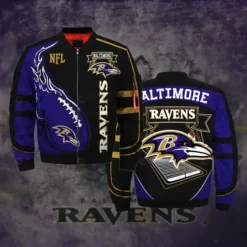 Baltimore Ravens Logo Pattern Bomber Jacket - Navy Blue And Black