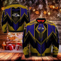 Baltimore Ravens Logo Pattern Bomber Jacket - Navy Blue And Yellow