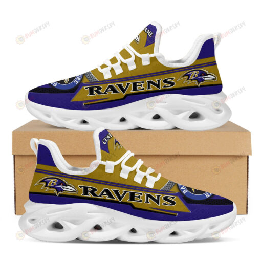 Baltimore Ravens Logo Pattern Custom Name 3D Max Soul Sneaker Shoes In Purple Gold