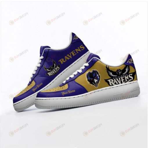 Baltimore Ravens Logo Pattern Custom Name Air Force 1 Printed In Yellow Purple