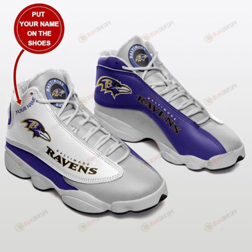 Baltimore Ravens Logo Pattern Custom Name Air Jordan 13 Shoes Sneakers In Purple White