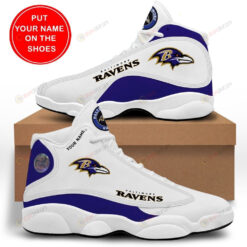 Baltimore Ravens Logo Pattern Custom Name Air Jordan 13 Shoes Sneakers In White Purple