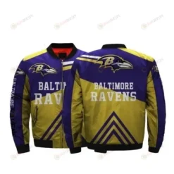 Baltimore Ravens Team Logo Pattern Bomber Jacket - Purple And Yellow