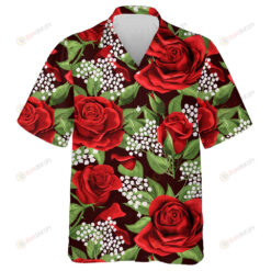 Beautiful Buds Of Red Roses Classical Embroidery On Black Background Hawaiian Shirt