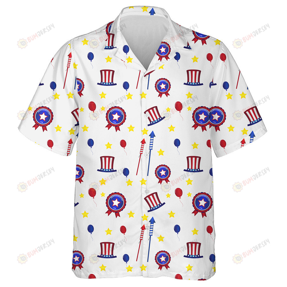 Beautiful Icons In American Style With Hats Fireworks Stars And Balloons Hawaiian Shirt