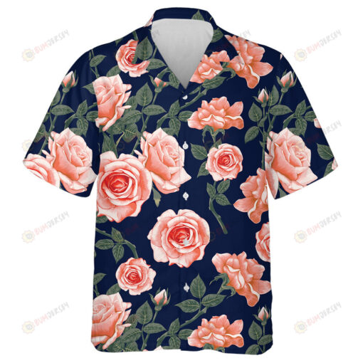 Beautiful Pink Pastel Rose Flowers Vintage Pattern Navy Background Hawaiian Shirt