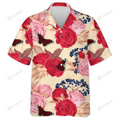 Beautiful Pink Red Roses Blueberry Branch And Butterfly Pattern Hawaiian Shirt