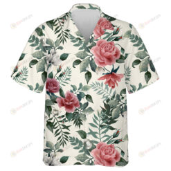 Beautiful Red Roses Branch On Beige Cream Background Design Hawaiian Shirt