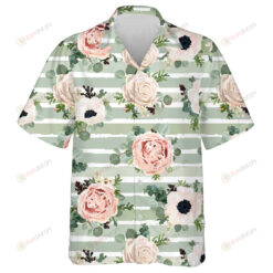 Beautiful Rose Flower On Green And White Striped Background Hawaiian Shirt