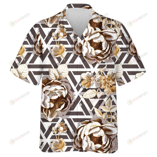 Big Gold Roses Flower Branch Black White Shapes Background Hawaiian Shirt