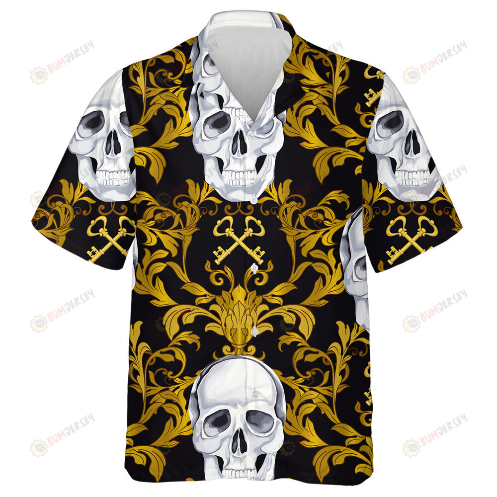 Black And White Human Skull With Baroque Ornament And Keys Hawaiian Shirt