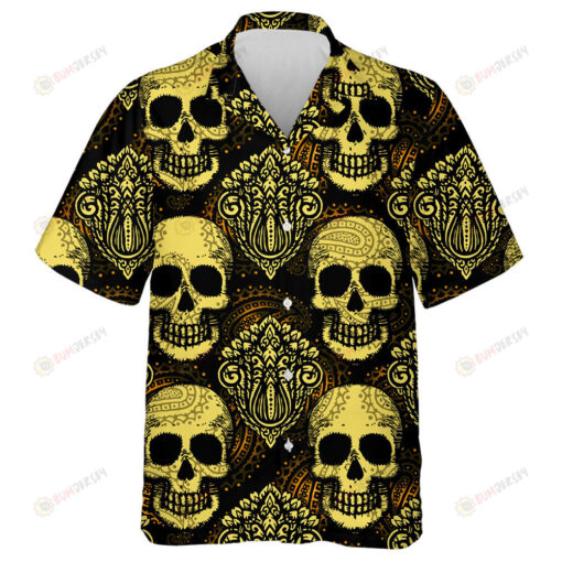 Black And Yellow Human Skull With Ethnic Style Hawaiian Shirt